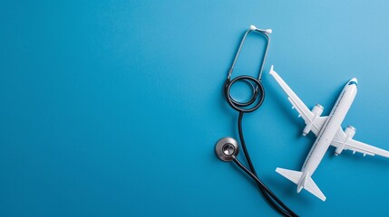 07231249 286. Close-up of a miniature airplane and stethoscope placed on a bright blue background with ample copy space, symbolizing the concept of medical tourism and international healthcare travel