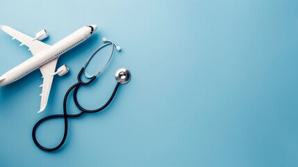 07231249 290. Minimalist arrangement of an airplane model and stethoscope on a blue background, providing a visual representation of medical tourism and global healthcare services with ample copy