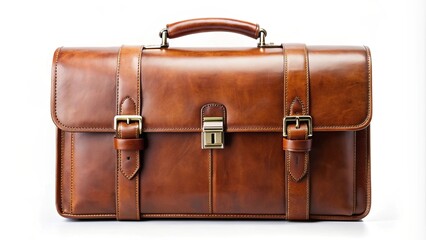 Brown leather briefcase with multiple compartments and a sturdy handle, professional, executive, business, accessory