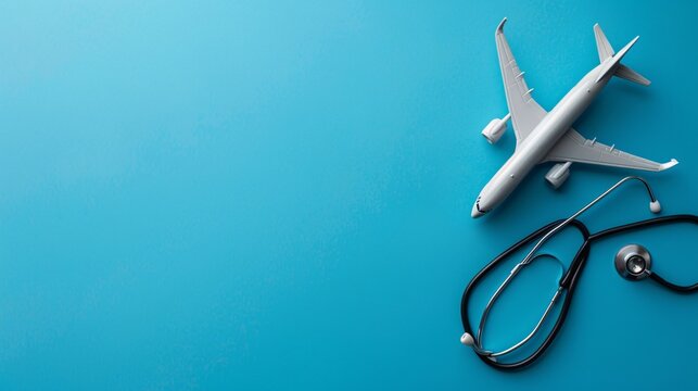 07231249 286. Close-up of a miniature airplane and stethoscope placed on a bright blue background with ample copy space, symbolizing the concept of medical tourism and international healthcare travel