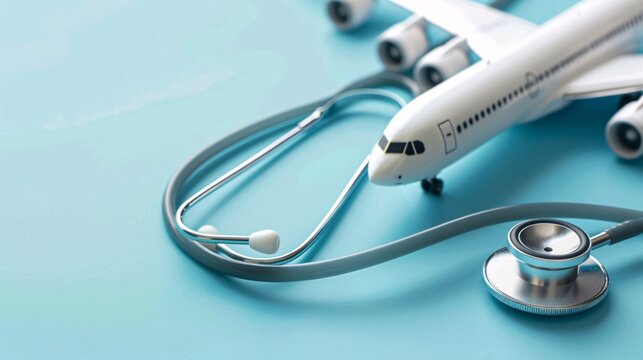 07231249 288. Detailed shot of a model airplane next to a stethoscope on a blue background, emphasizing the concept of medical tourism and the intersection of healthcare and travel
