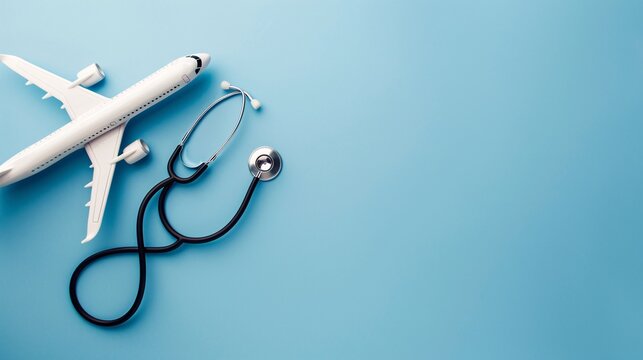 07231249 290. Minimalist arrangement of an airplane model and stethoscope on a blue background, providing a visual representation of medical tourism and global healthcare services with ample copy