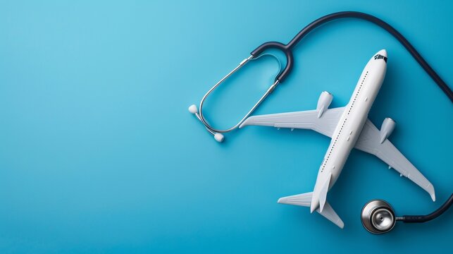 07231249 288. Detailed shot of a model airplane next to a stethoscope on a blue background, emphasizing the concept of medical tourism and the intersection of healthcare and travel