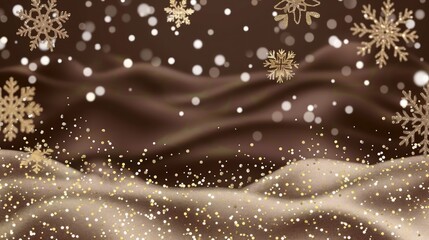 Rich chocolate brown Christmas background adorned with glittering gold sequins and delicate snowflakes.