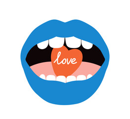 Woman lips sticker. Heart in female lips with blue lipstick. Beauty aesthetics and elegance. Sticker for social networks. Flat vector illustration isolated on white background