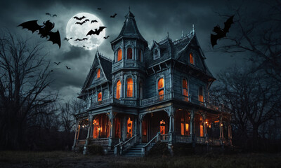 A haunted house with bats, spiders Halloween background 