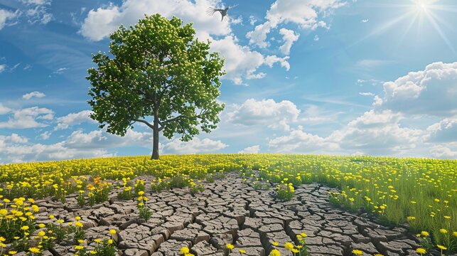 07231249 311. Contrasting landscape showing a tree standing at the boundary of cracked, dry soil and a lush meadow with blooming dandelions, illustrating climate change impacts