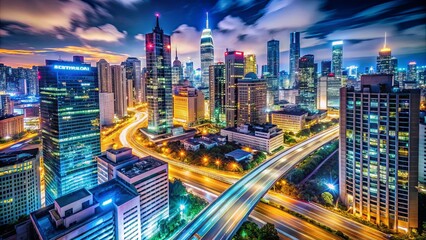 Vibrant and eye-catching stock photo of a modern urban cityscape at night with bright lights and bustling activity