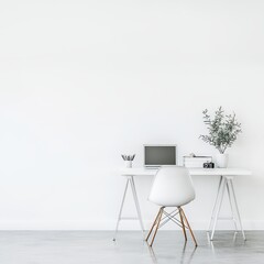 Minimalist Home Office Workspace with Laptop  Chair  and Plant