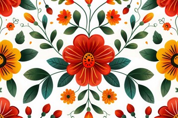 pattern featuring vibrant floral motifs and intricate geometric shapes, bright colors of red, green, and yellow, detailed textures, on a white background.