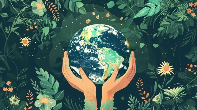 07231249 330. Inspirational illustration of a person holding the Earth close, surrounded by elements of nature, emphasizing the themes of love, care, and commitment to saving the planet