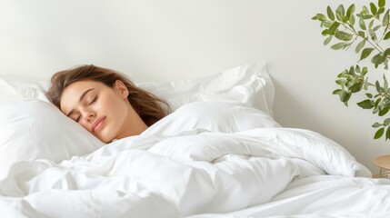 Fototapeta premium Woman Sleeping in Bed with White Bedding and Green Plant