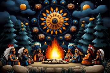 Native American Day honoring historical figures, illustrated in a scene where the community gathers to remember and honor the contributions of notable Native American leaders and warriors