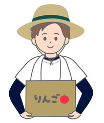 りんごの段ボールを持った農家の男性　上半身