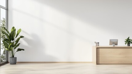 Minimalist Office Interior with Wooden Desk  White Wall  and Sunlight