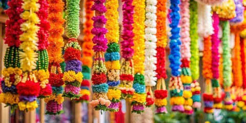 Fototapeta premium Colorful hanging flower garlands for festive decorations, flowers, garlands, colorful, hanging, decorations, party, vibrant