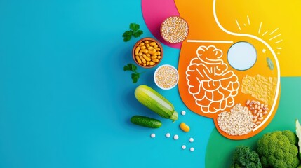 Naklejka premium Illustrated Digestive System with Healthy Foods for Gut Health and Copy Space for Text