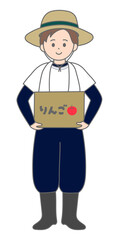 りんごの段ボールを持った農家の男性　上半身