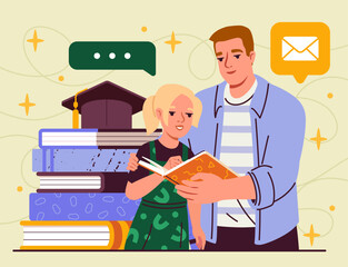 Remote studying girl. Man help daughter with homework. Father and schoolgirl with textbook or fiction. Remote education and learning. Gaining knowledge online. Flat vector illustration