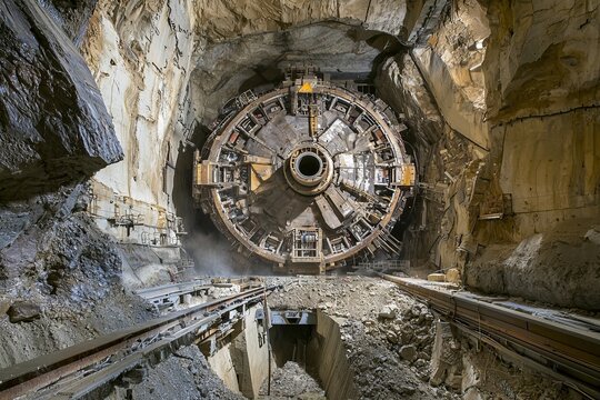 The large rotating cutter head of a tunnel boring machine is seen working through a dense, rocky underground