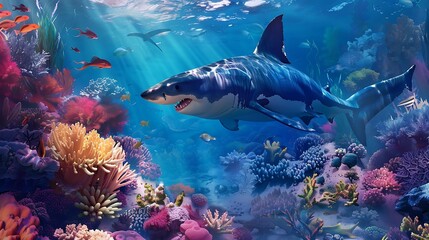 Fototapeta premium Vivid depiction of Megalodon a prehistoric coral reef with its massive shadow casting over the colorful coral and marine life The scene captures the sharks presence and impact on the ancient ecosystem