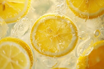 Close Up of Lemon Slices in Sparkling Water with Ice.