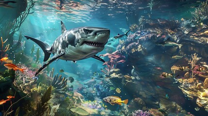 Vivid underwater landscape featuring Megalodon circling gigantic ancient coral reef teeming prehistoric marine life scene captures dynamic interaction between shark environment rich colors textures