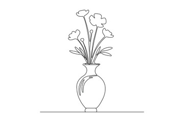 Hand-drawn flowers in vase continuous line art. Vase linear design in doodle style	