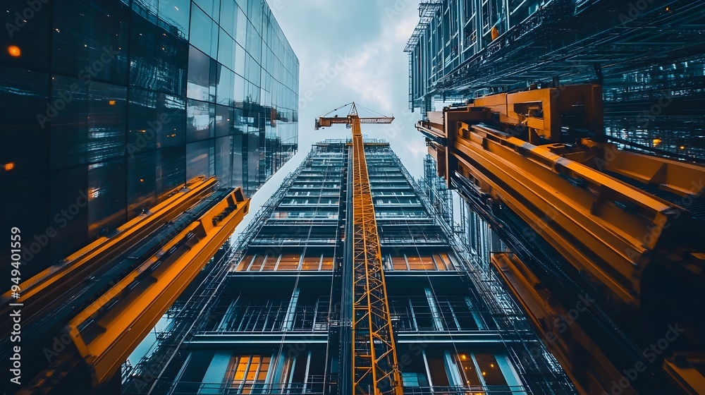 Poster automated iot powered machinery efficiently installing elevator shafts in a towering skyscraper unde