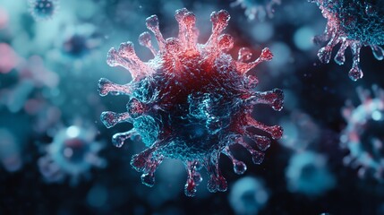 Microscope 3D rendering of a virus being neutralized by a serum, highly detailed organism close-up, biology and health focus, intricate vaccine imagery, hyper-realistic textures