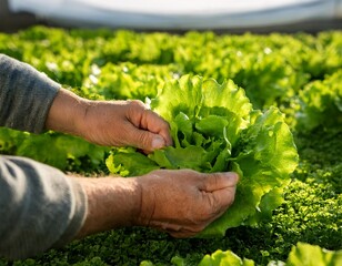 Hands are plucking fresh salad in the field, displaying the natural harvest process, genetrative ai