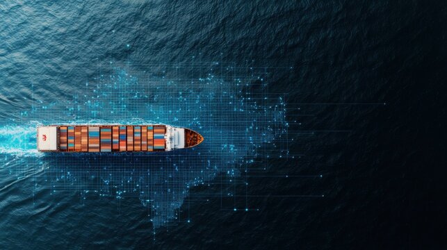 Navigating Global Trade: Cargo Ship on Ocean with Export Control Zones Network Map Overlay