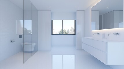 Fototapeta premium Modern White Bathroom Interior Design with Window and Shower