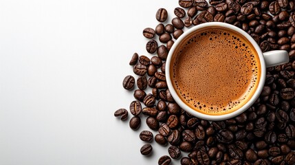 Obraz premium Cup of hot coffee and other ingredients over white background