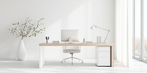 Minimalist Home Office Desk with White Walls and Natural Light