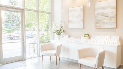Modern Spa Reception Area with White Chairs and Decor