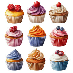 Watercolor iced cupcake with fruit toppings illustration set, delicious sweet dessert bakery design clip art element