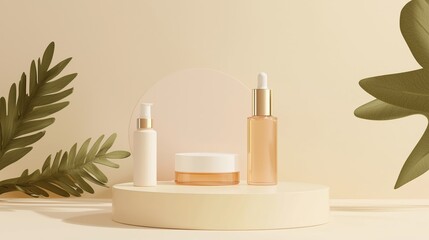 A sleek 3D podium with ample empty space, framed by kid-friendly facial cleansers and hydrating mists, set against a soft beige background, ideal for gentle skincare