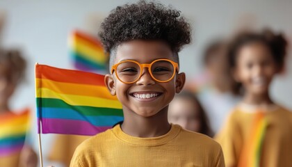 LGBTQ family with children, proudly displaying rainbow flags at a parade, symbolizing unity and the joy of belonging, LGBTQ pride
