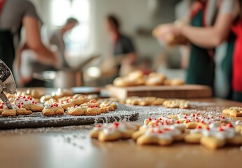 A festive kitchen scene with Christmas cookies being decorated, blurred people baking in the background