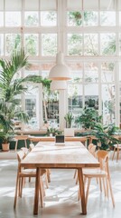 Obraz premium Modern Minimalist Interior Design with Wooden Table and Chairs in Bright Room with Large Windows