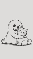Obraz premium minimalist black and white drawing of a kawaii ghost tenderly embracing a fluffy cat. The ghost sporting a silly smile, wide-eyed