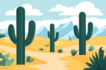 A desert landscape with tall cacti, small bushes, and mountains in the background.