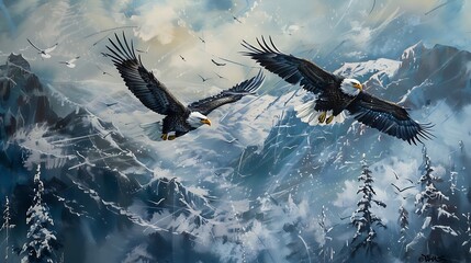 Two majestic bald eagles soar through snowy mountain landscape with wings spread wide for white peaks and stormy sky wildlife power and freedom concept.