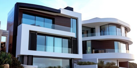 Modern Luxury Home Architecture with Glass Balconies and Curved Facade