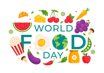 World Food Day Vector Illustration on 16 October with Various Foods, Fruit and Vegetable in a Flat Style Cartoon Background