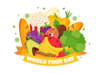 World Food Day Vector Illustration on 16 October with Various Foods, Fruit and Vegetable in a Flat Style Cartoon Background