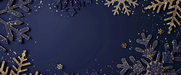 Navy blue background with intricate snowflakes and gold sequins, highlighted with subtle lavender accents for a festive look.