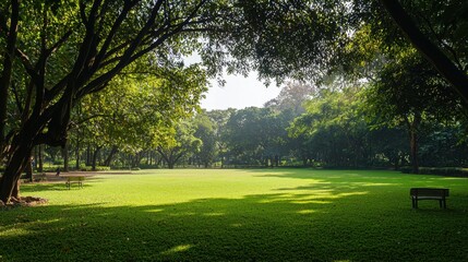 Obraz premium Sunny Day in a Lush Green Park with Bench and Trees