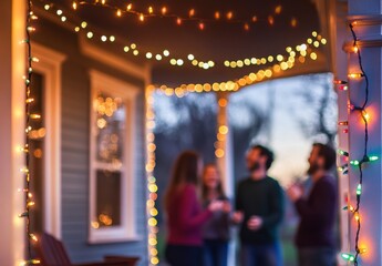 Obraz premium A festive outdoor scene with holiday lights strung across the porch, blurred people laughing and talking outside the house